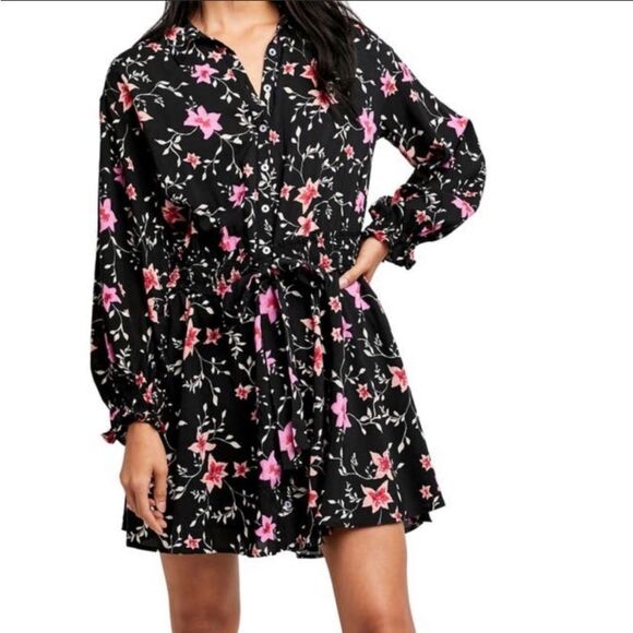 Free People Lighten Up Dress Floral on Black long sleeve with tie waist Sz XS - Picture 6 of 15